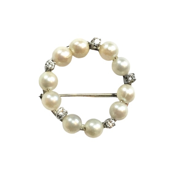 BEAUTIFUL VS DIAMOND & PEARL BROOCH PIN SOLID WHITE 14K GOLD - Picture 3 of 3